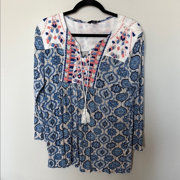 Lucky Brand Tops - Lucky Brand 3/4 Sleeve Blouse Embroidered Boho Blue Tassle Tunic Women Large EUC